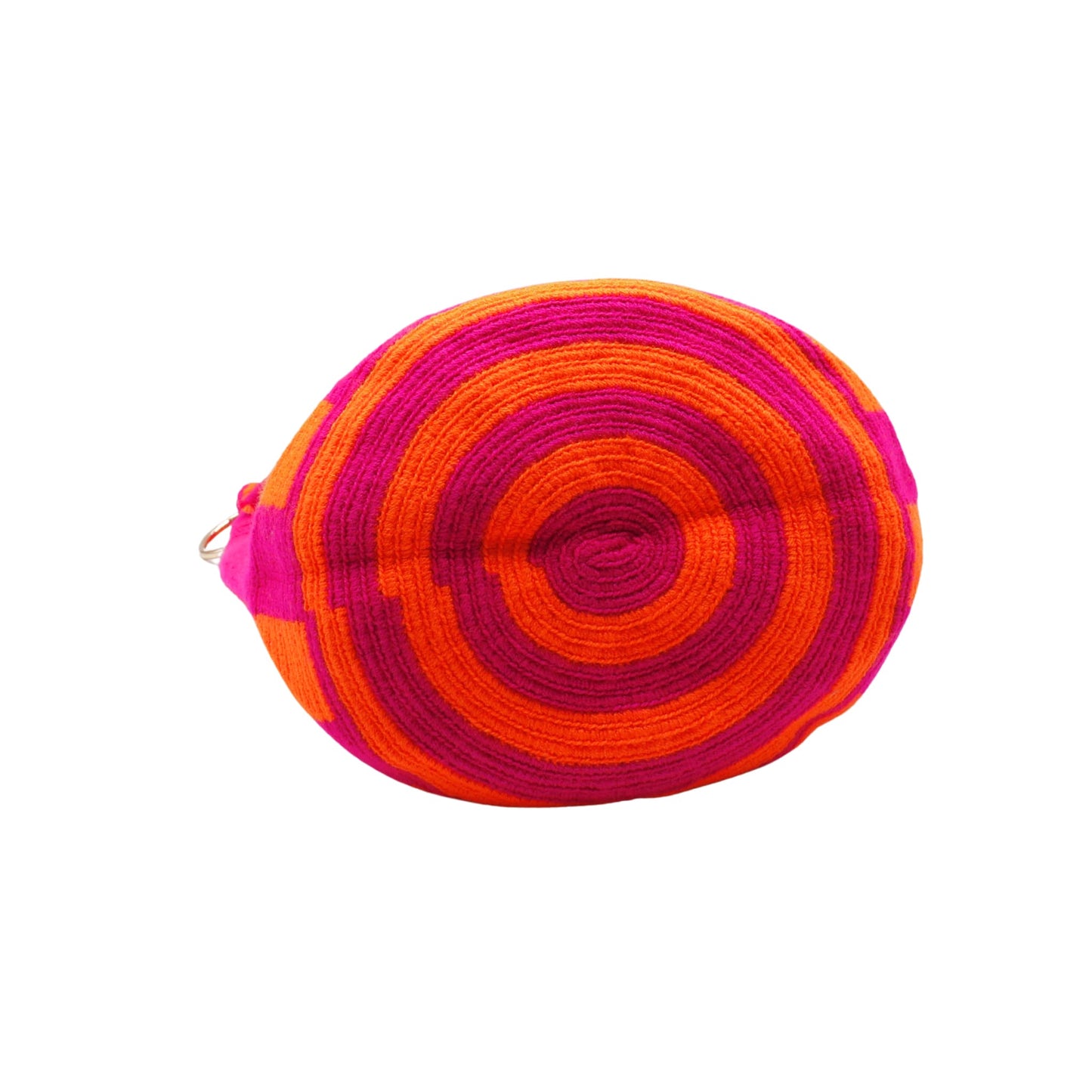 Handmade Wayuu bag with vibrant pink and orange stripes, long woven cord strap, and tassel detail.