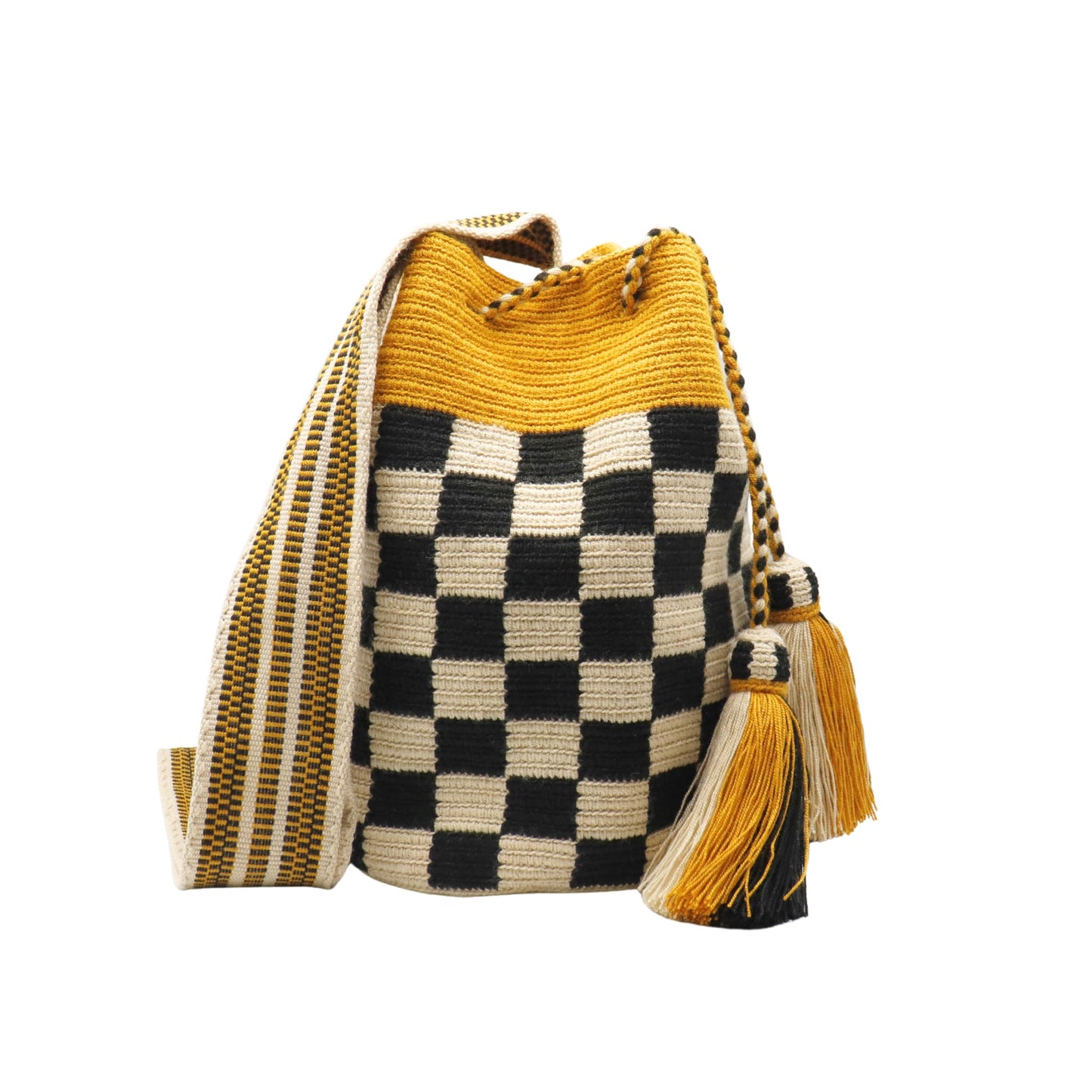 Handmade Wayuu bag with mustard, beige, and black colors, featuring a checkerboard pattern, striped woven strap, and tassel detail.