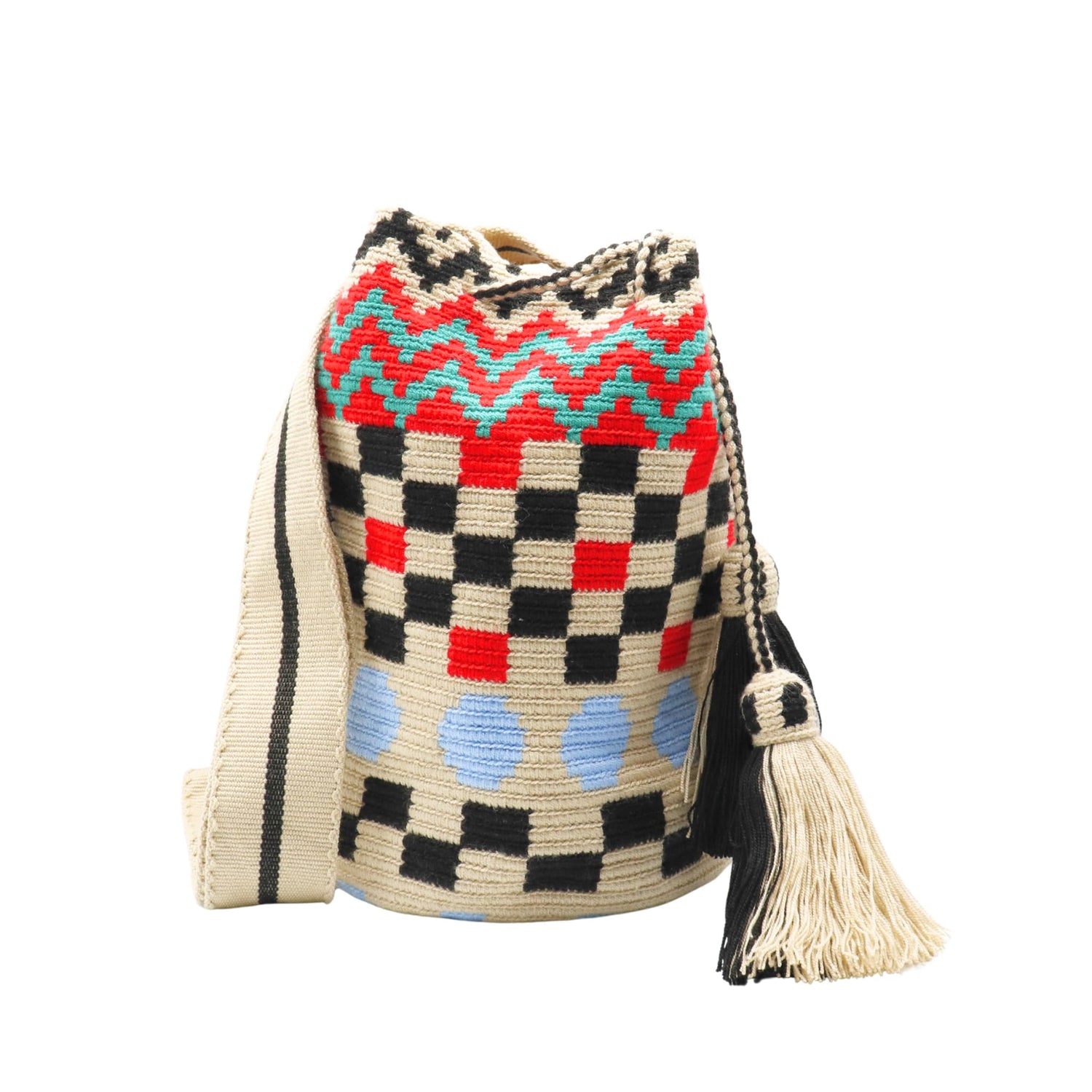 Handmade multicolored Wayuu bag with flat woven strap and geometric pattern, tassel detail, and vibrant artisanal design.