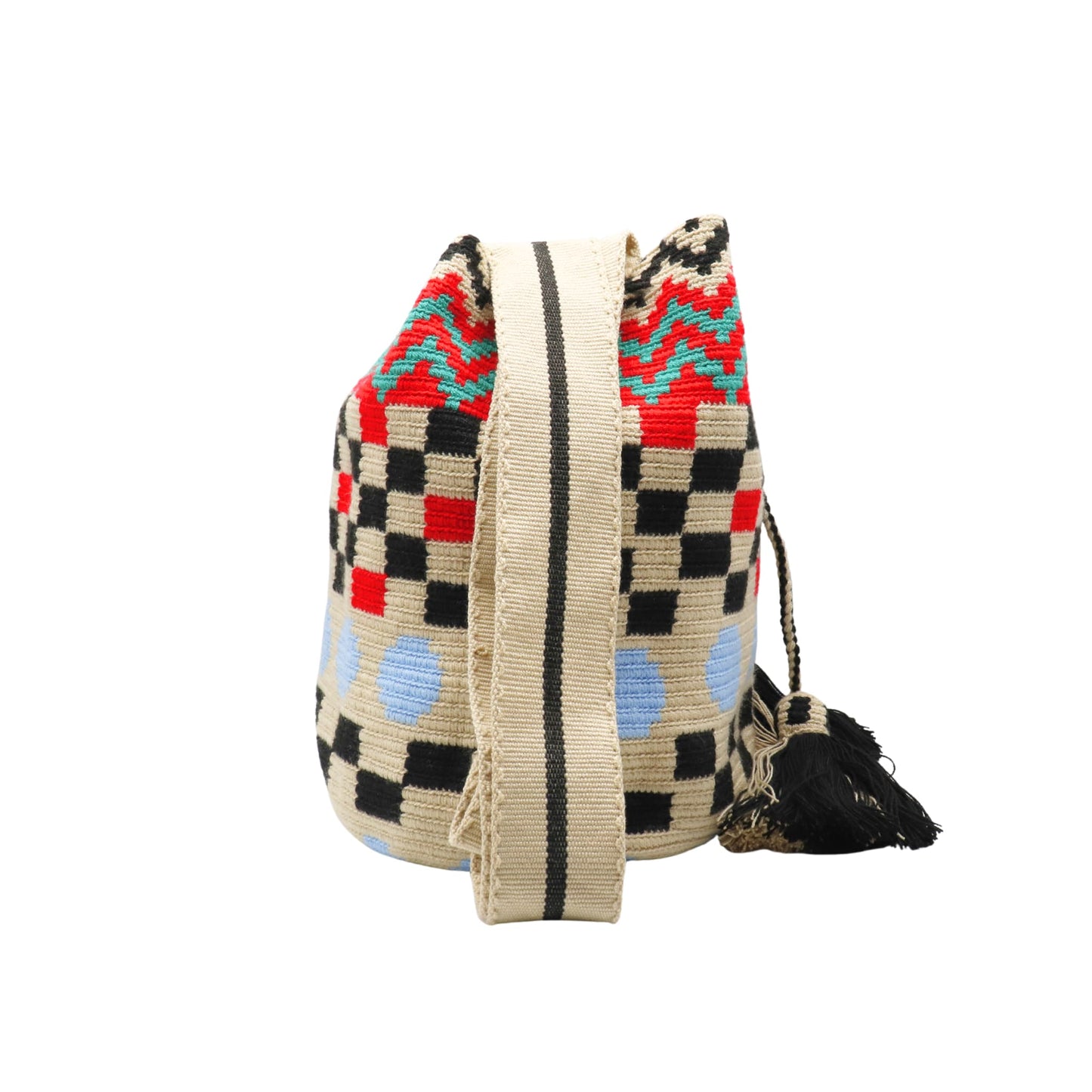 Handmade multicolored Wayuu bag with flat woven strap and geometric pattern, tassel detail, and vibrant artisanal design.