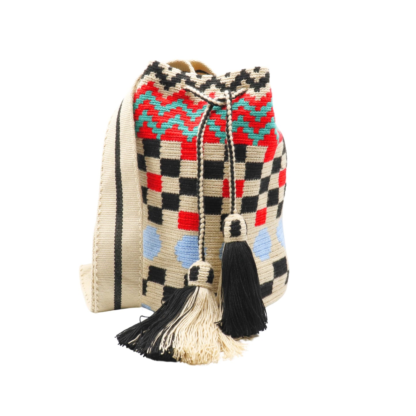 Handmade multicolored Wayuu bag with flat woven strap and geometric pattern, tassel detail, and vibrant artisanal design.