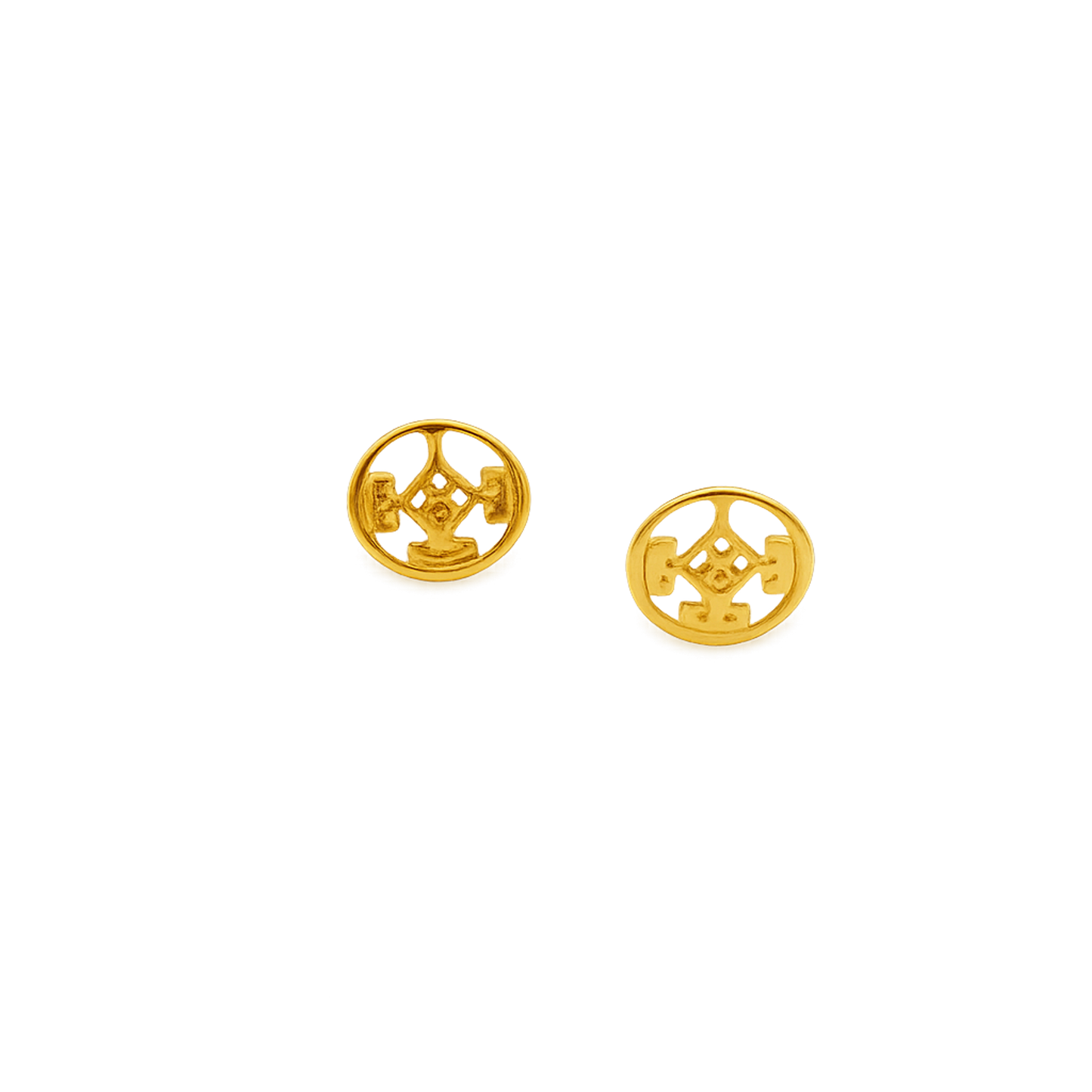 24K gold-plated pewter stud earrings on a model in a natural outdoor setting