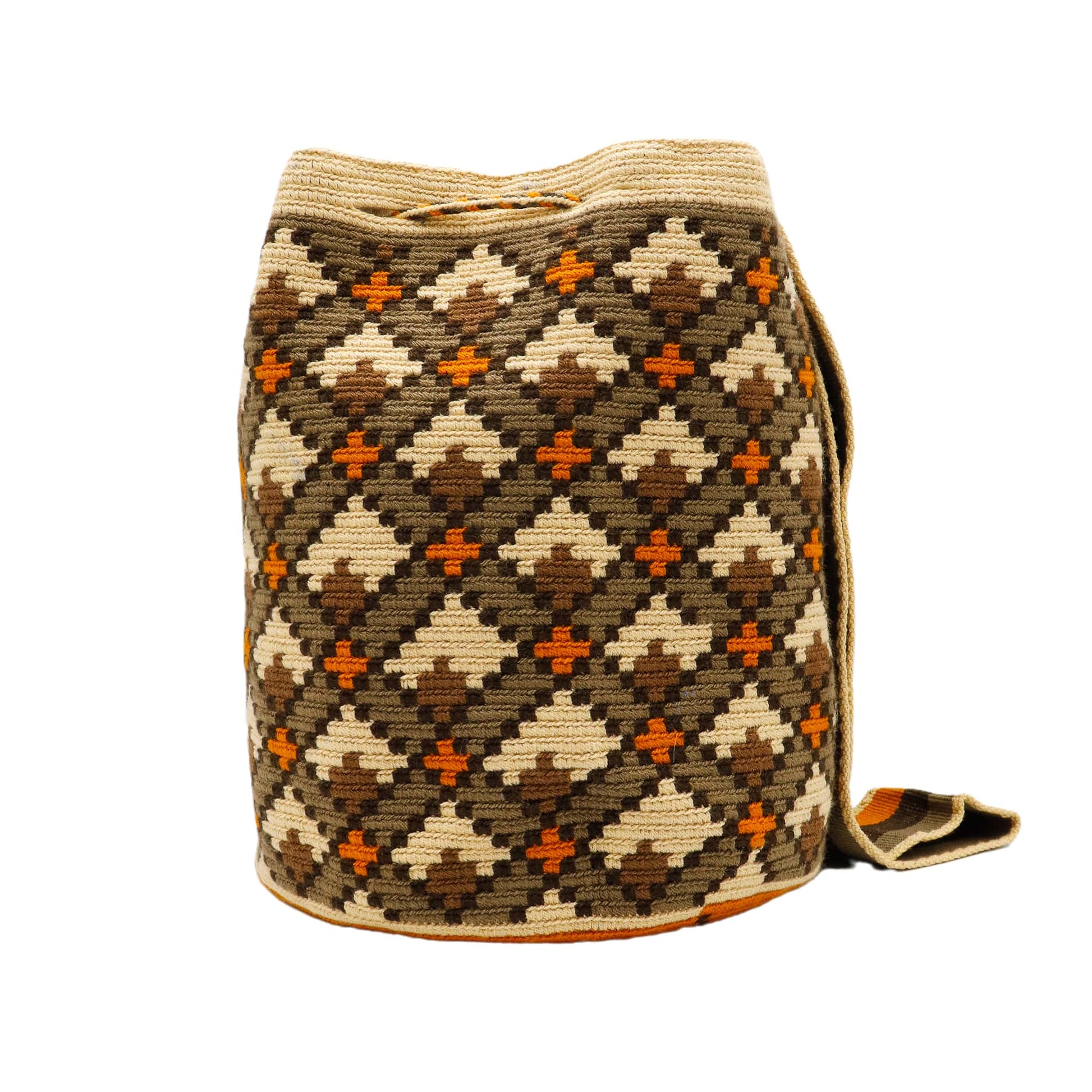 A beige Wayuu Mochila bag with a geometric pattern in brown and orange. It has a drawstring closure with tassels.