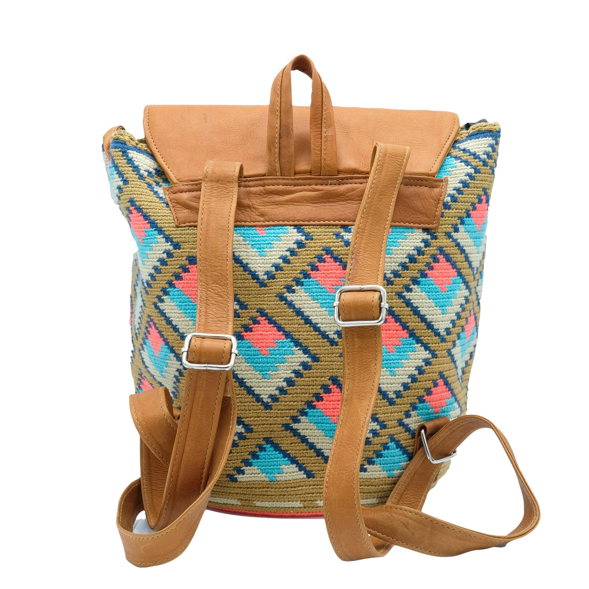 Tayrona Wayuu Bag, Leather Backpack - Origin Colombia